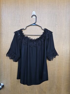 Black Off-Shoulder Blouse with Lace Trim